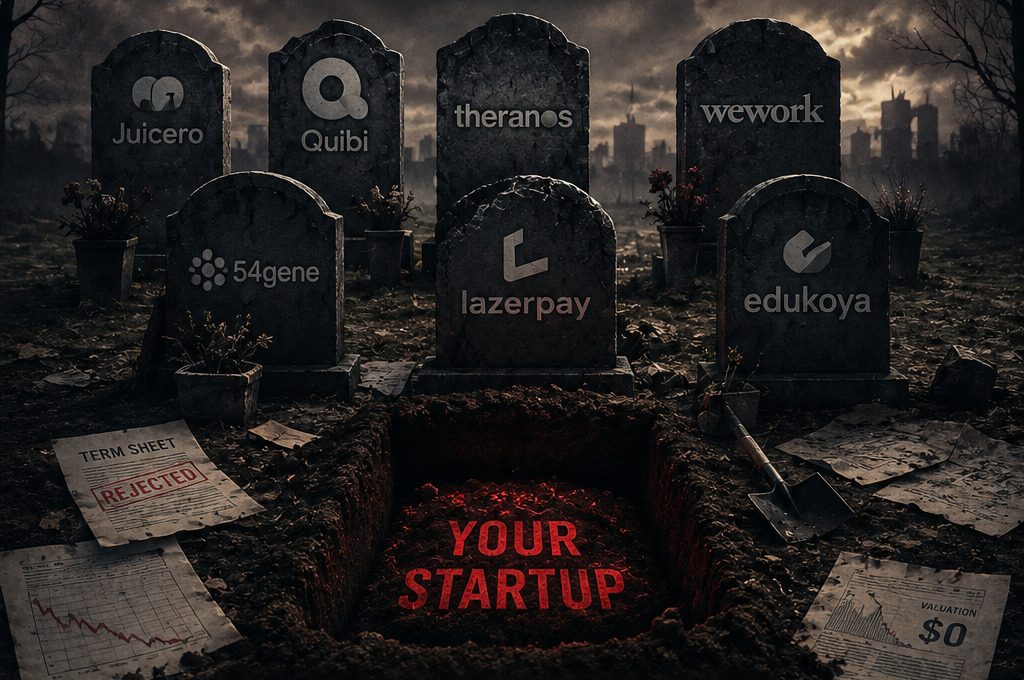 A graveyard of failed startups — Juicero, Quibi, Theranos, WeWork, 54gene, Lazerpay, Edukoya — with an open grave marked 'Your Startup'